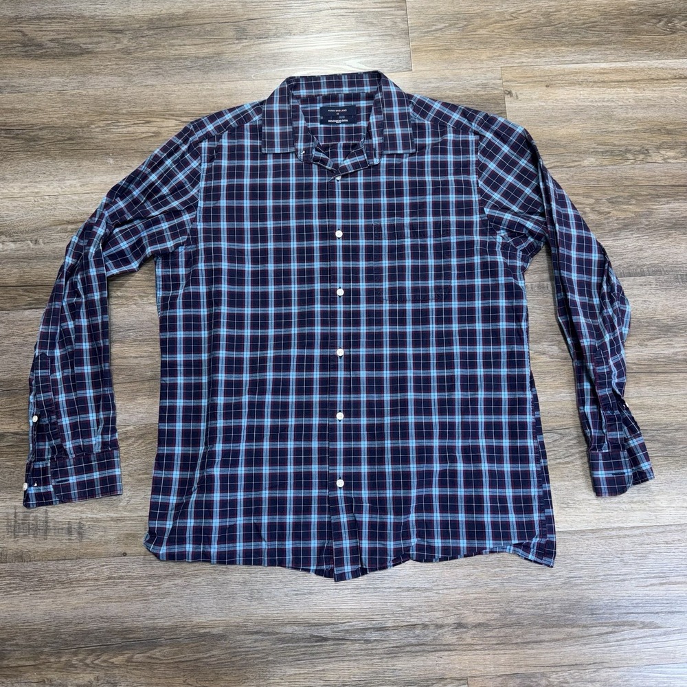 Peter England Classic Blue Red Plaid Long-Sleeve Button-Up Shirt Mens L (42)